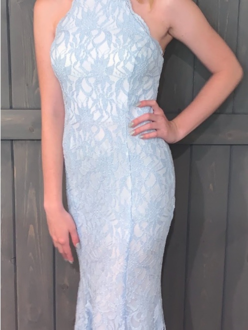 Light Blue Lace Halter Prom/ Formal Dress